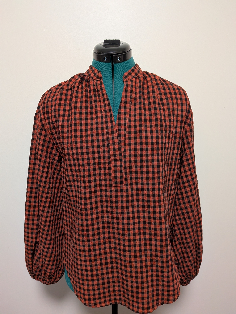 A New Day Rust Orange & Black Check Balloon Sleeve XS S M